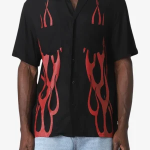 Camicia Maniche Corte Stampa Fiamme Rosse
