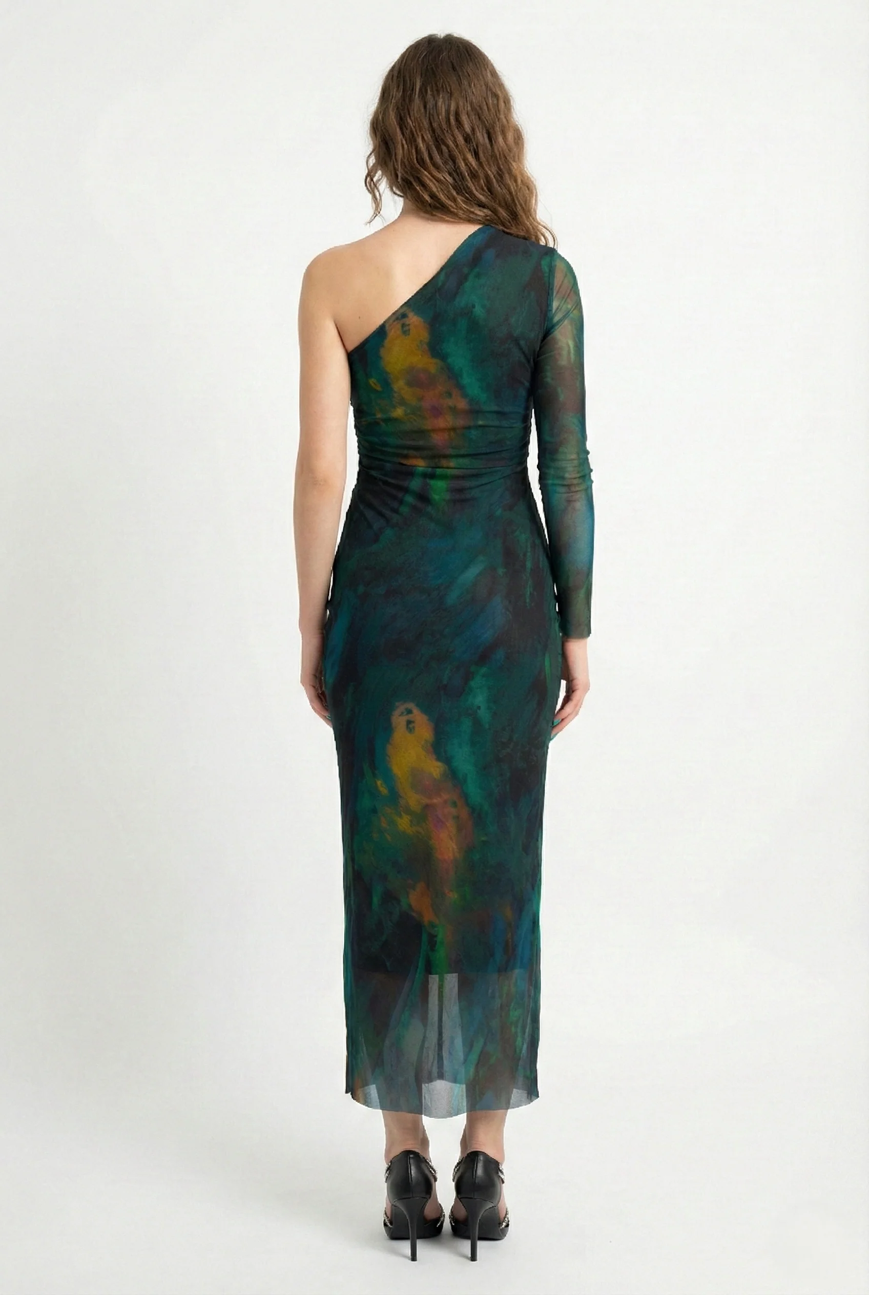 Abito lungo elasticizzato monospalla con manica lunga - immagine 4