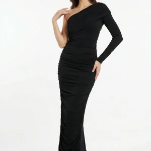 Abito lungo monospalla elegante da cerimonia – Vestito aderente drappeggiato