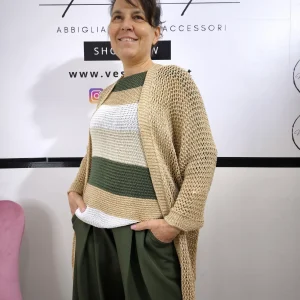 Cardigan aperto in maglia traforato con fili lurex