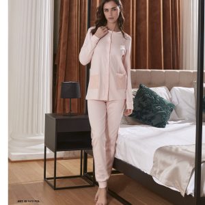 Pigiama donna in interlock con maglia aperta e inserti in laize