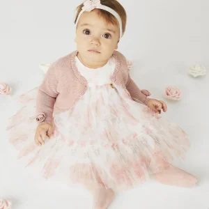 Abito cerimonia neonata iDO in tulle rosa e panna floreale