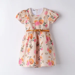 Abito mezza manica rosa floreale bambina iDO con cintura glitter