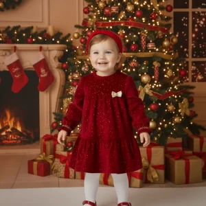 Abito velluto rosso neonata Mayoral glitterato con fiocco