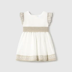 Abito volant combinato lino neonata Mayoral panna e beige