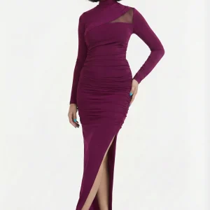 Abito elasticizzato lungo aderente con cut-out e maniche lunghe