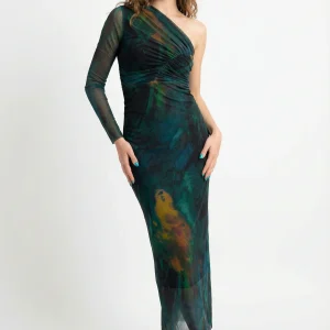 Abito lungo elasticizzato monospalla con manica lunga