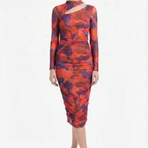 Abito midi aderente fantasia con cut-out e maniche lunghe