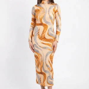 Abito midi aderente fantasia con collo lupetto e maniche lunghe