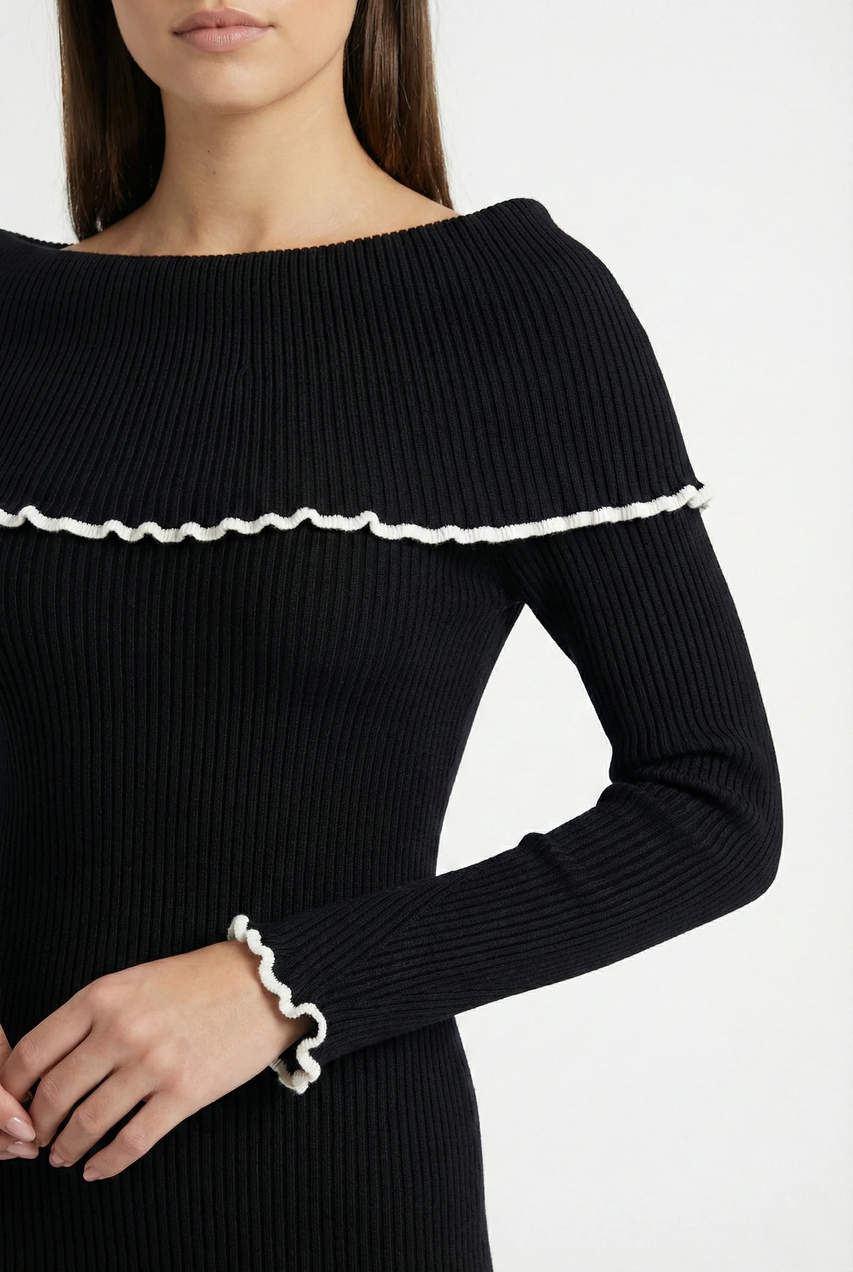 Abito midi elasticizzato a costine con maniche lunghe – Taglia unica - immagine 3