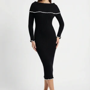 Abito midi elasticizzato a costine con maniche lunghe – Taglia unica