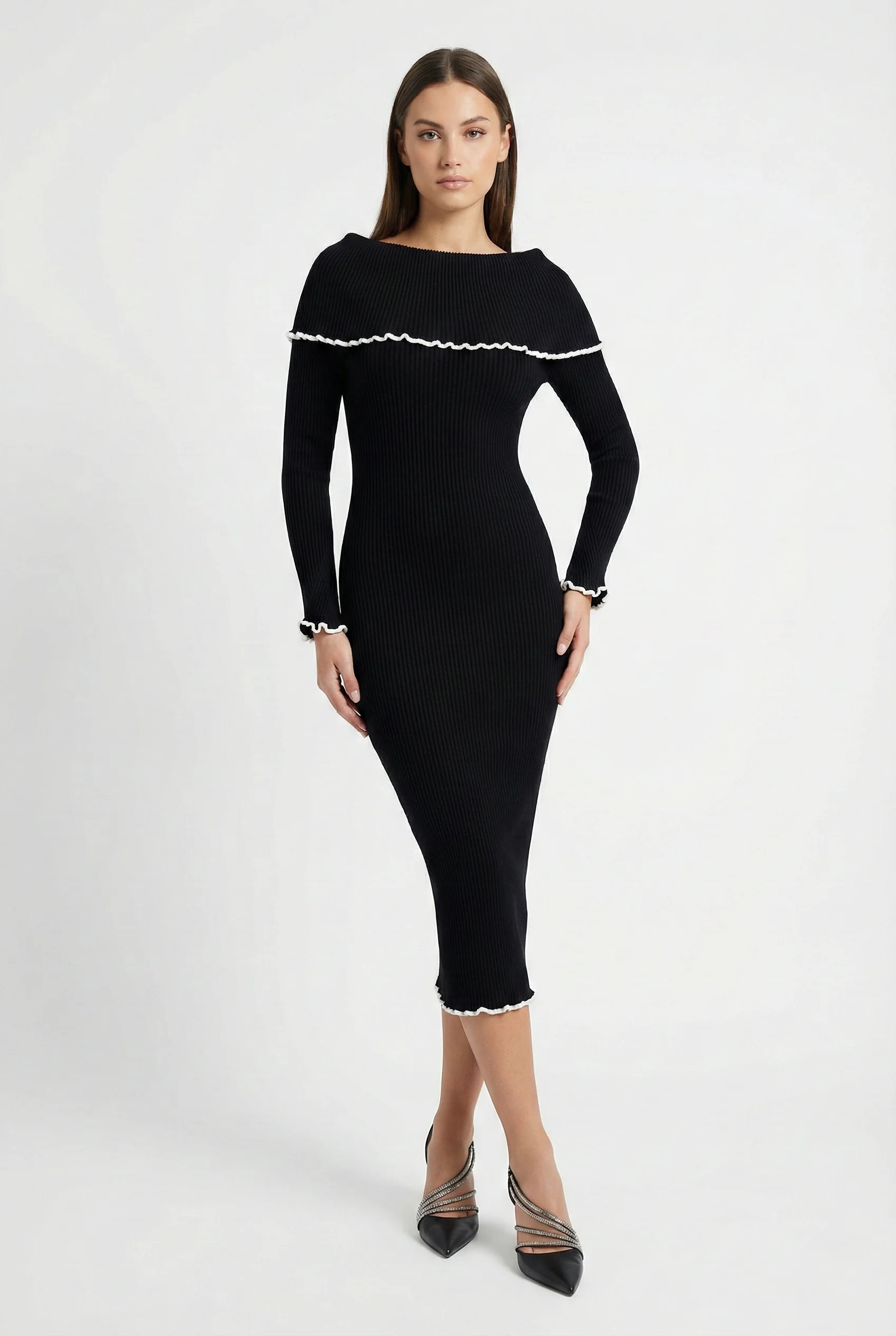 Abito midi elasticizzato a costine con maniche lunghe – Taglia unica