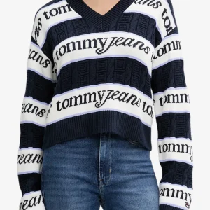 Maglione A Righe Con Scollo A V Logo All-Over
