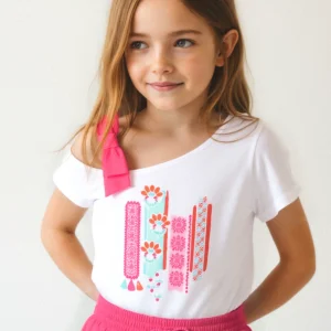 T-Shirt asimmetrica bambina Mayoral bianca grafica peonia
