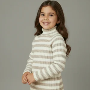 Maglietta lupetto costine bambina mayoral righe beige e panna