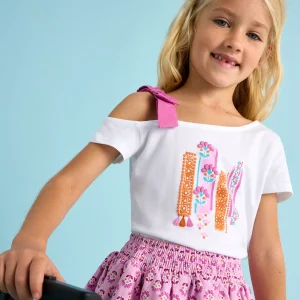 T-Shirt asimmetrica bambina Mayoral bianca grafica orchidea