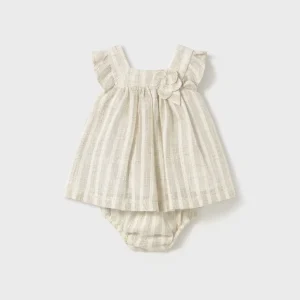 Vestito con copri pannolino neonata Mayoral Newborn  righe lino beige