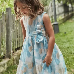 Abito in lino Bambina Mayoral "Floreale" azzurro e beige
